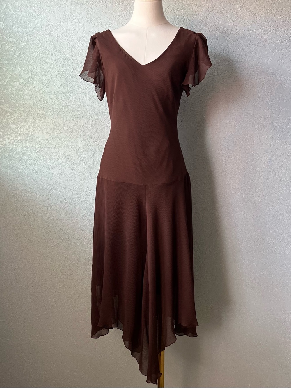 Vintage Y2K Brown Handkerchief Hem Midi Dress Flutter Sleeve Size 8 Boho